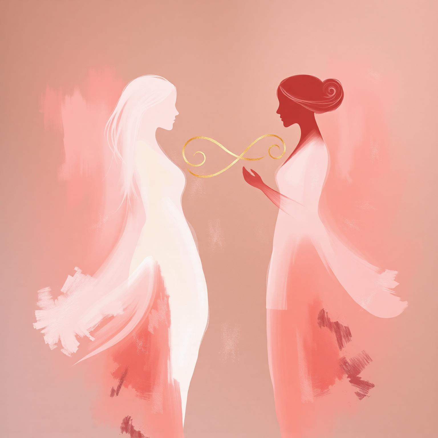 Abstract illustration of two women in a coaching session, bathed in soft pink light